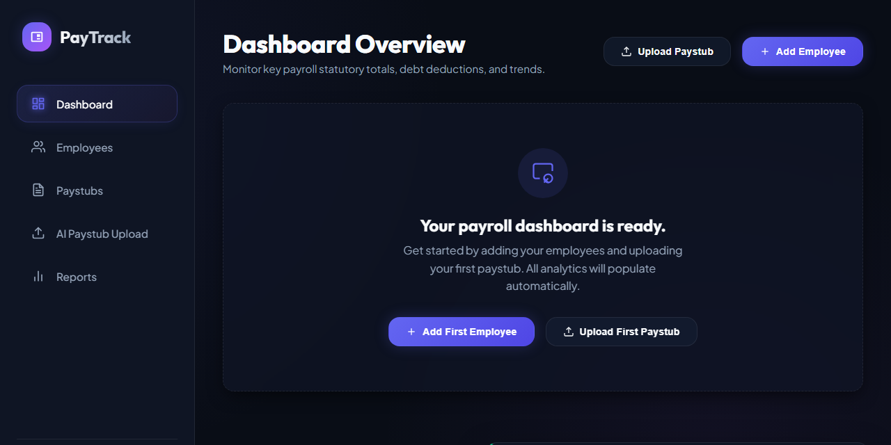 PayrollSync dashboard overview with employee and paystub navigation