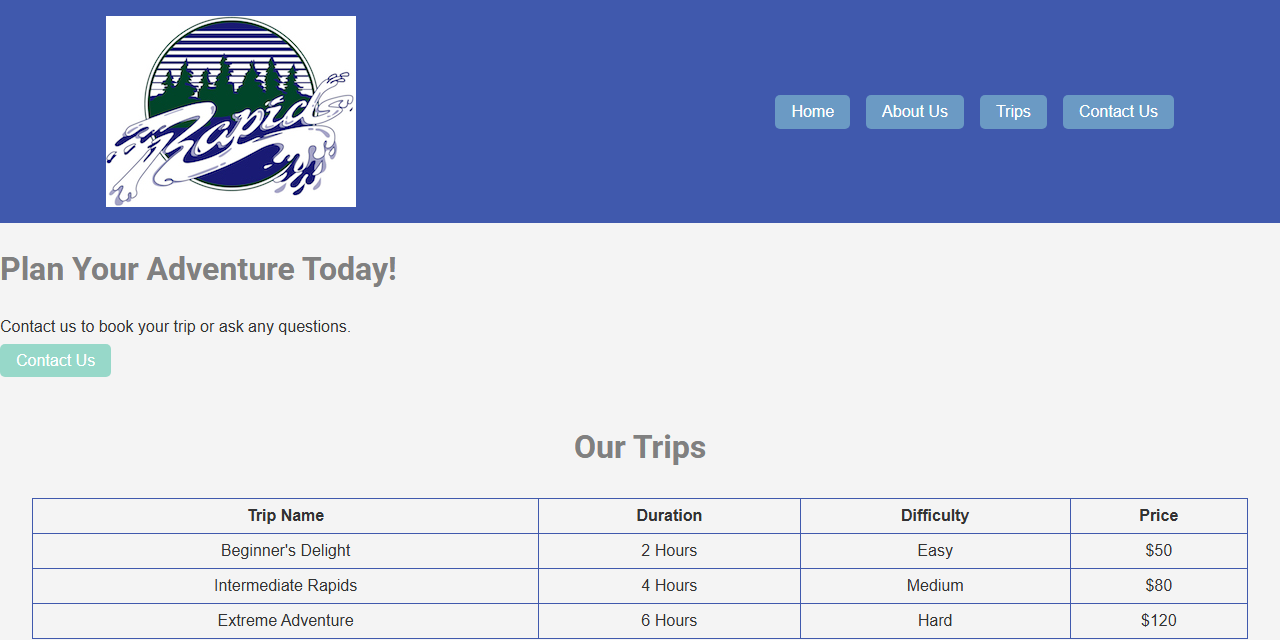 White-water rafting website with trips table, from WDD130 coursework